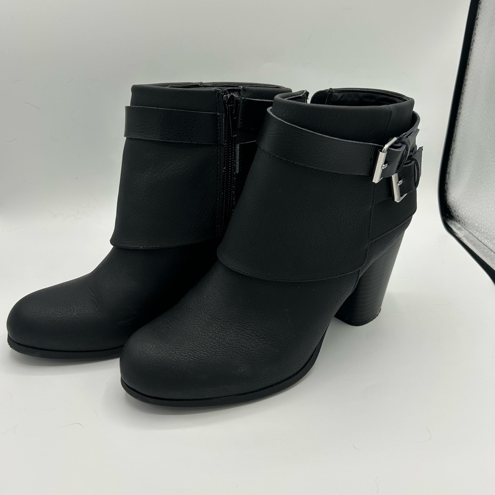 Madden Girl black ankle boots with heal, decorative strap, size 9 medium